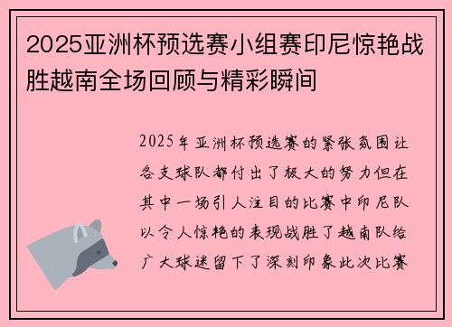 2025亚洲杯预选赛小组赛印尼惊艳战胜越南全场回顾与精彩瞬间