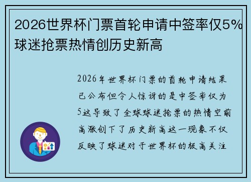 2026世界杯门票首轮申请中签率仅5%球迷抢票热情创历史新高